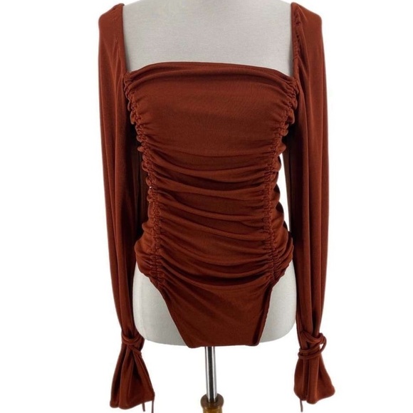 NWT Free People Meant to Be Bodysuit Cherry Chai Ruched Tie Rust Square Fall S - Picture 3 of 12